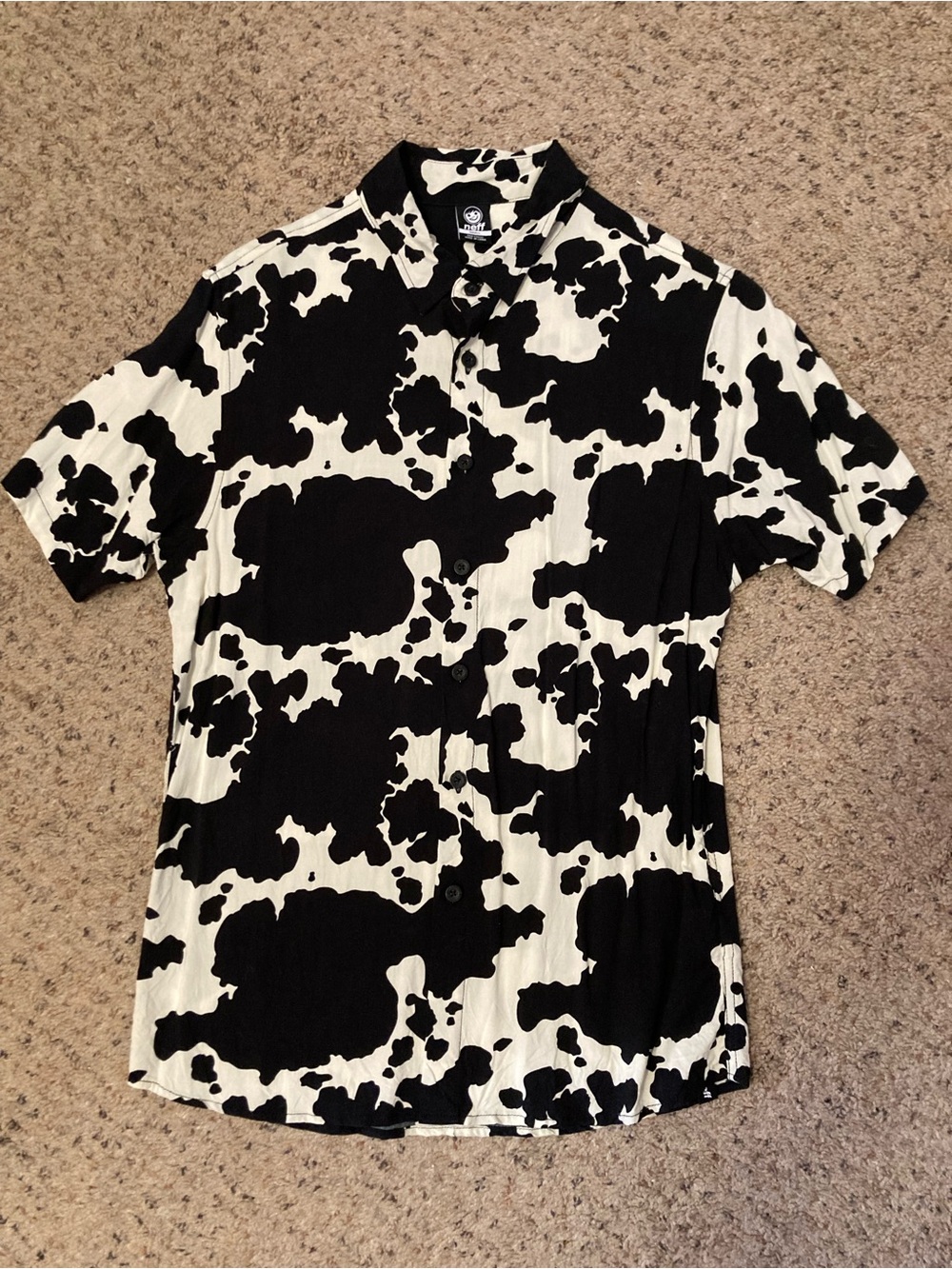 Neff cow print short sleeve button up shirt collared black and white
